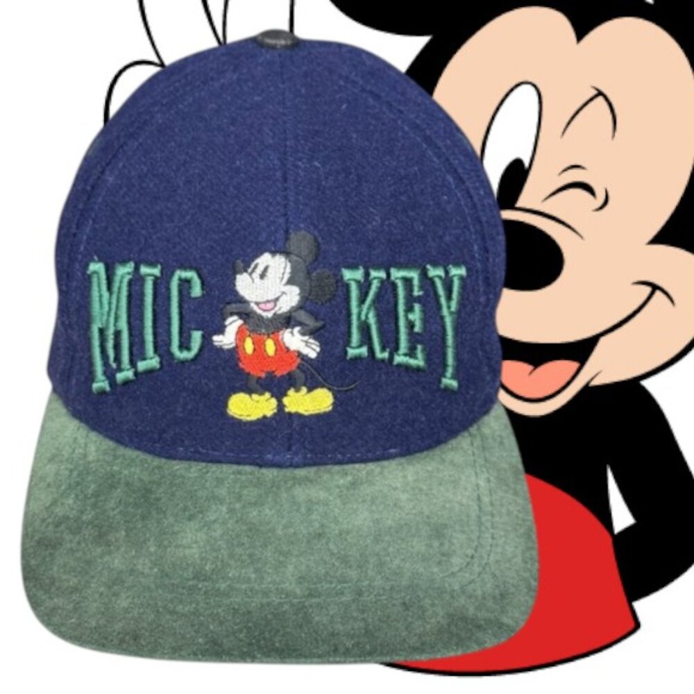 Vintage 90s Walt Disney Mickey Mouse Embroidered Wool Leather Strapback Hat Cap